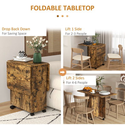 HOMCOM Multi-Storage Six-Person Drop Leaf Dining Table -  Rustic Brown 