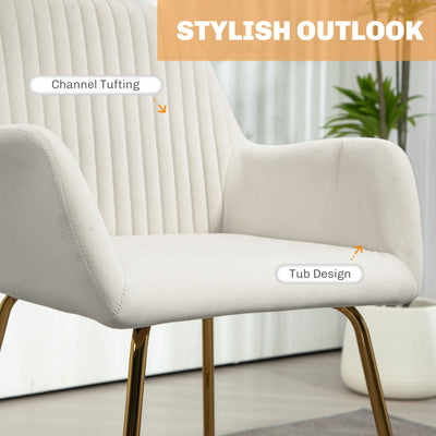 HOMCOM Modern Arm Chair Set of 2 Upholstered Accent Chair with Metal Base for Living Room Cream White 