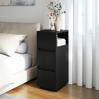 HOMCOM Slim Bedside Table, Narrow Bedside Cabinet with Open Shelf and 2 Drawers for Bedroom, Living Room, Black 