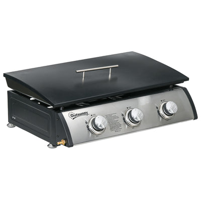 Outsunny 3 Burner Gas Plancha BBQ Grill with Lid, Black 