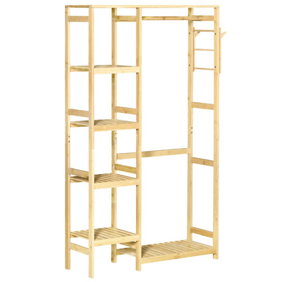 HOMCOM Bamboo Garment Rack, Clothes Rack with Storage Shelf, Hanging Rail and Side Hooks for Entryway, Bedroom, Bathroom and Office, Natural 