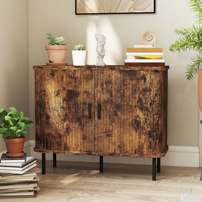 HOMCOM Mid-Century Modern Sideboard Storage Cabinet with Slatted Tambour Sliding Doors, Kitchen Cabinet with Steel Legs, Rustic Brown 