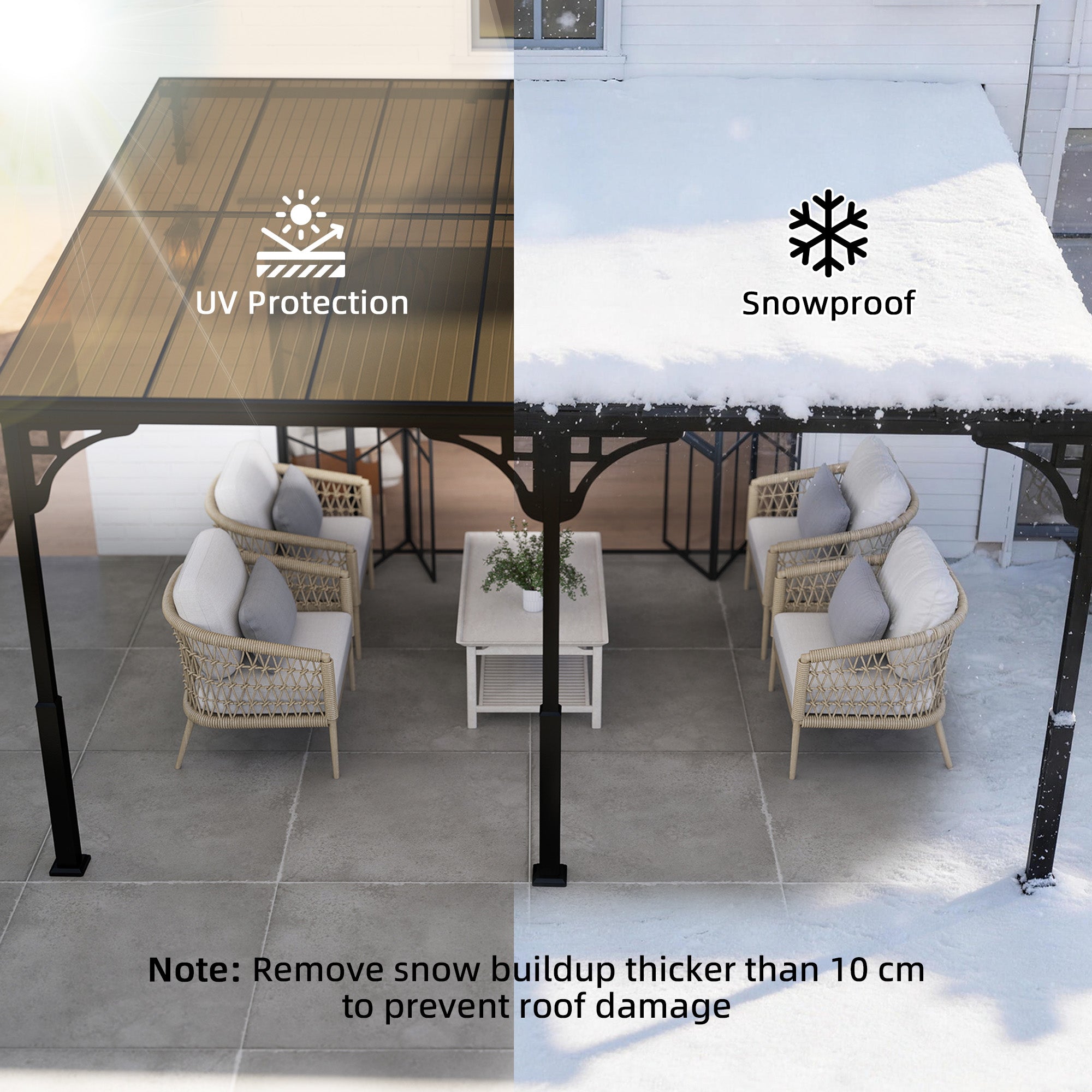 Outsunny 4 x 3 m Metal Lean-to Pergola, Wall-Mounted Garden Pergola with Polycarbonate Roof and Metal-Aluminium Frame, Heavy Duty Hardtop Gazebo for Outdoor Patios, BBQ, Brown 