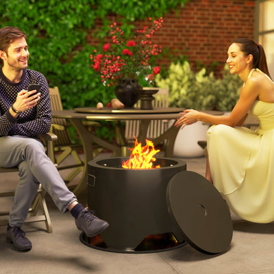 Outsunny Outdoor Round Fire Pit with Lid and Fire Poker - Black 