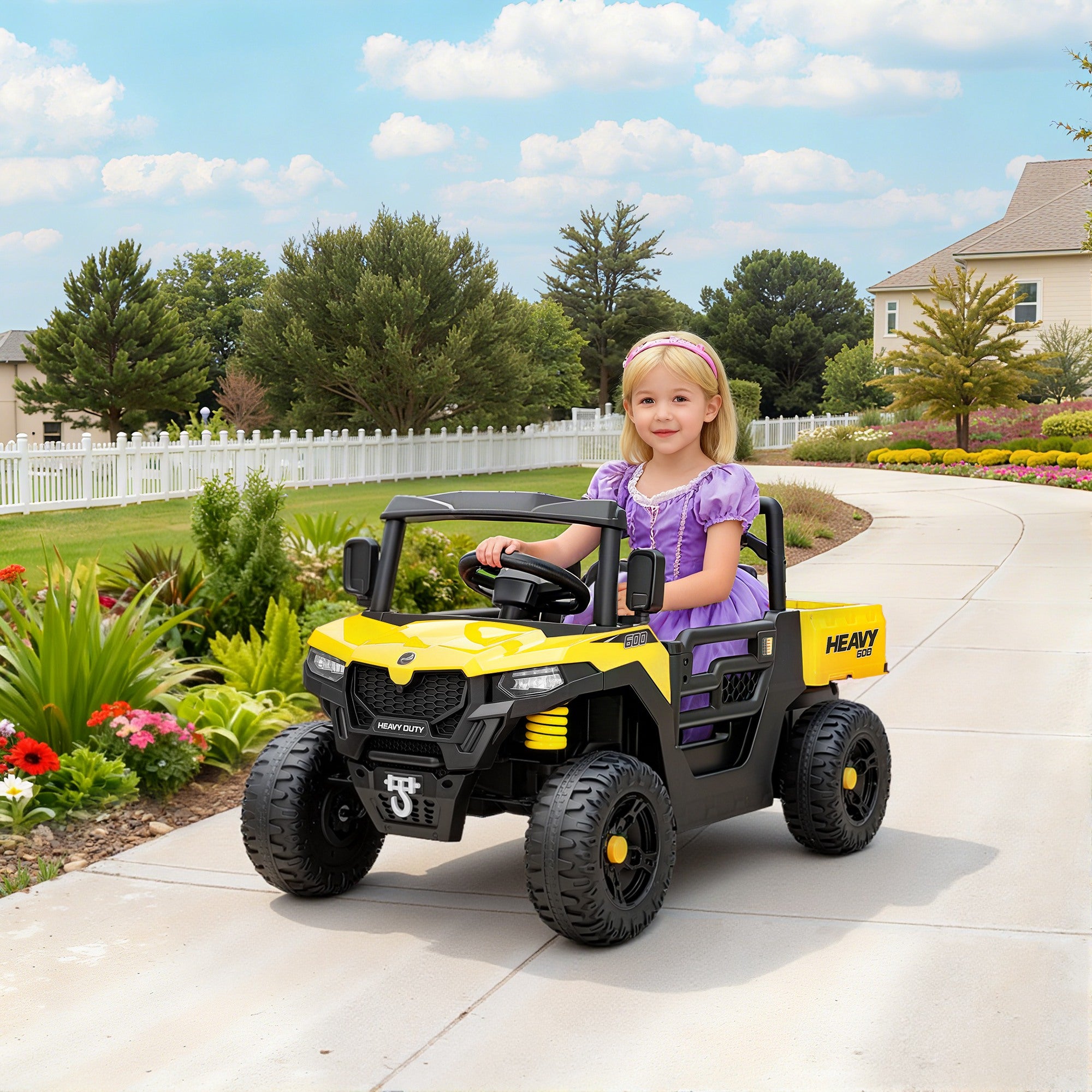 AIYAPLAY Kids Ride on Car, 12V Electric Kids UTV with Electric Dump Bed, 4-Wheel Suspension for 3-8 Years, Yellow 