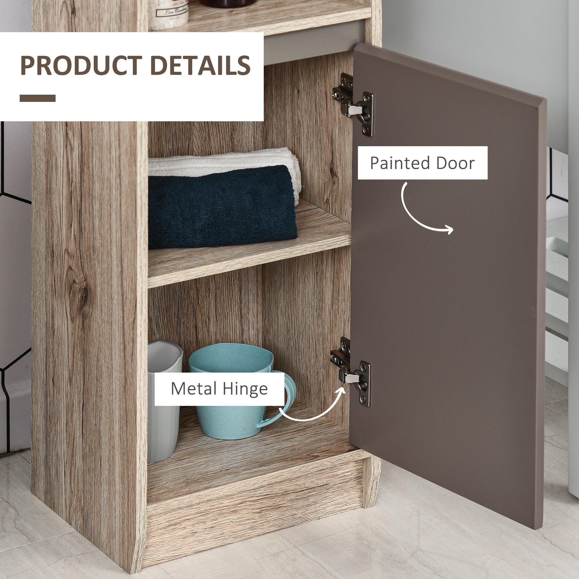 HOMCOM Freestanding Bathroom Storage Cabinet w/ 2 Cupboards 2 Compartments Home Organisation Anti-Tipping Elevated Base 30L x 24W x 170H cm Grey&Brown 