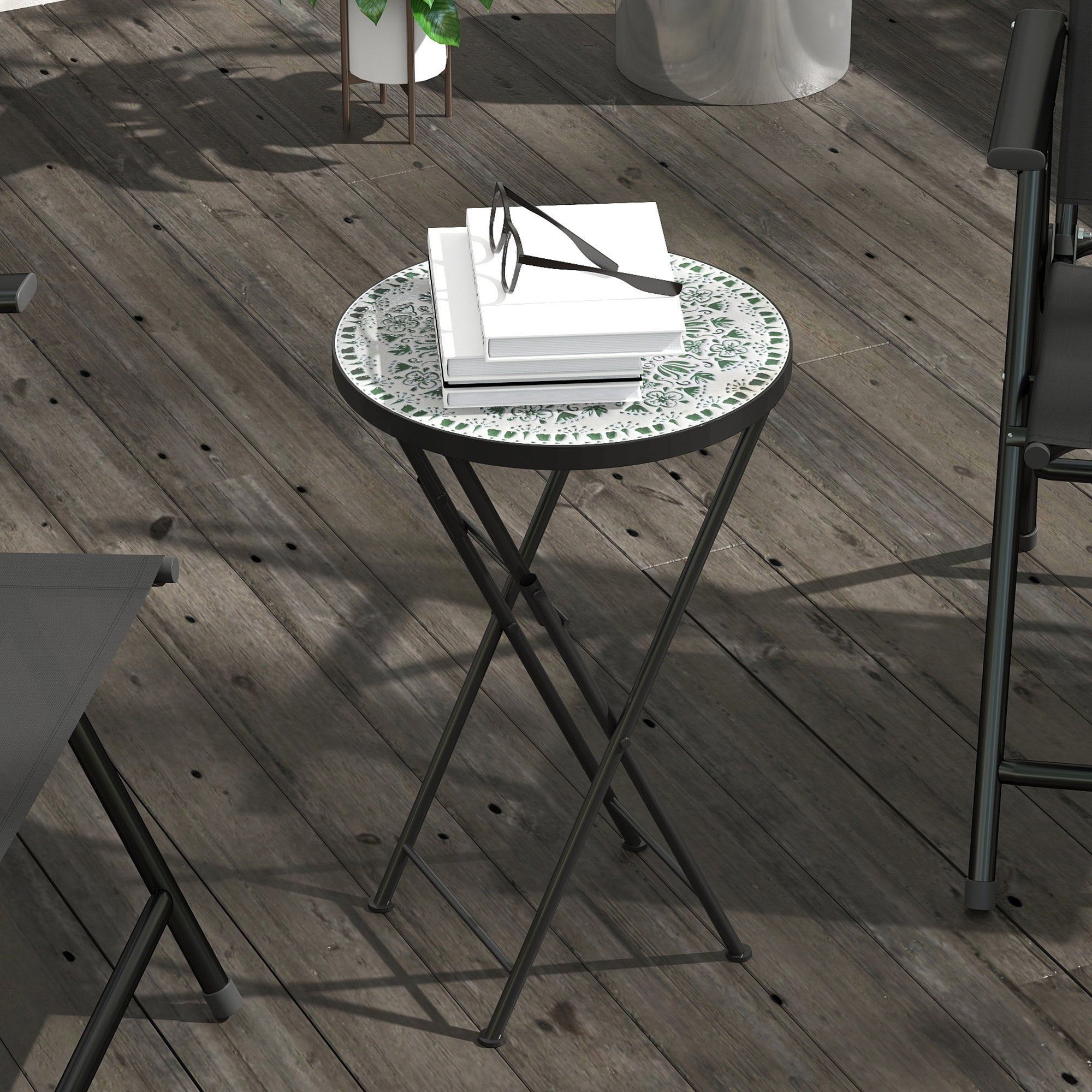 Outsunny Mosaic Outdoor Garden Table, 35.5cm Round Folding Coffee Table with Metal Frame for Balcony Terrace, Green 