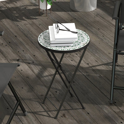 Outsunny Mosaic Outdoor Garden Table, 35.5cm Round Folding Coffee Table with Metal Frame for Balcony Terrace, Green 