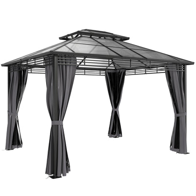 Outsunny 3 x 3.6 m Outdoor Hardtop Gazebo Canopy with 2-Tier Roof, Permanent Pavilion Garden Metal Gazebo with Sides, Dark Grey 