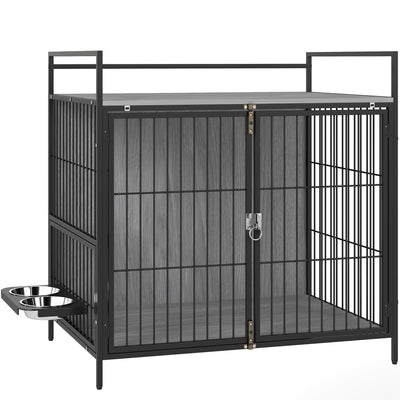 PawHut Dog Crate Furniture with Rotating Bowl Holder, 2 Bowls, 2 Doors, for Medium Dogs, 80 x 56 x 76.5 cm, Grey 