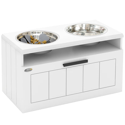 PawHut Raised Dog Bowl with Slow Feeder & 2 Stainless Steel Dog Bowl, 25L Storage Drawer, for Large & Extra Large Dogs, White 