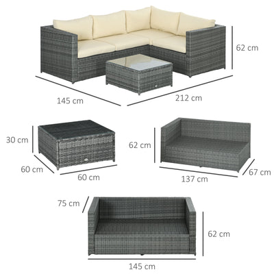 Outsunny 3 Pieces PE Rattan Garden Furniture Set with 10 cm Thick Cushions, 4 Seater Garden Corner Sofa Set with Glass Top Coffee Table, Outdoor Furniture for Patio, Porch, Beige 