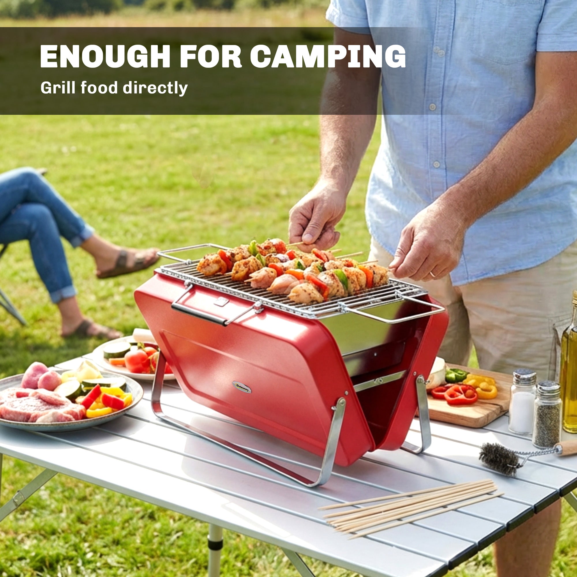 Outsunny Portable Mini Charcoal Barbecue Grill with Suitcase Shell, Outdoor Folding Tabletop BBQ Grill, Red 