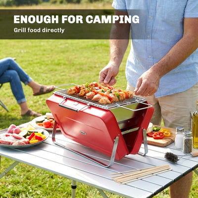 Outsunny Portable Mini Charcoal Barbecue Grill with Suitcase Shell, Outdoor Folding Tabletop BBQ Grill, Red 