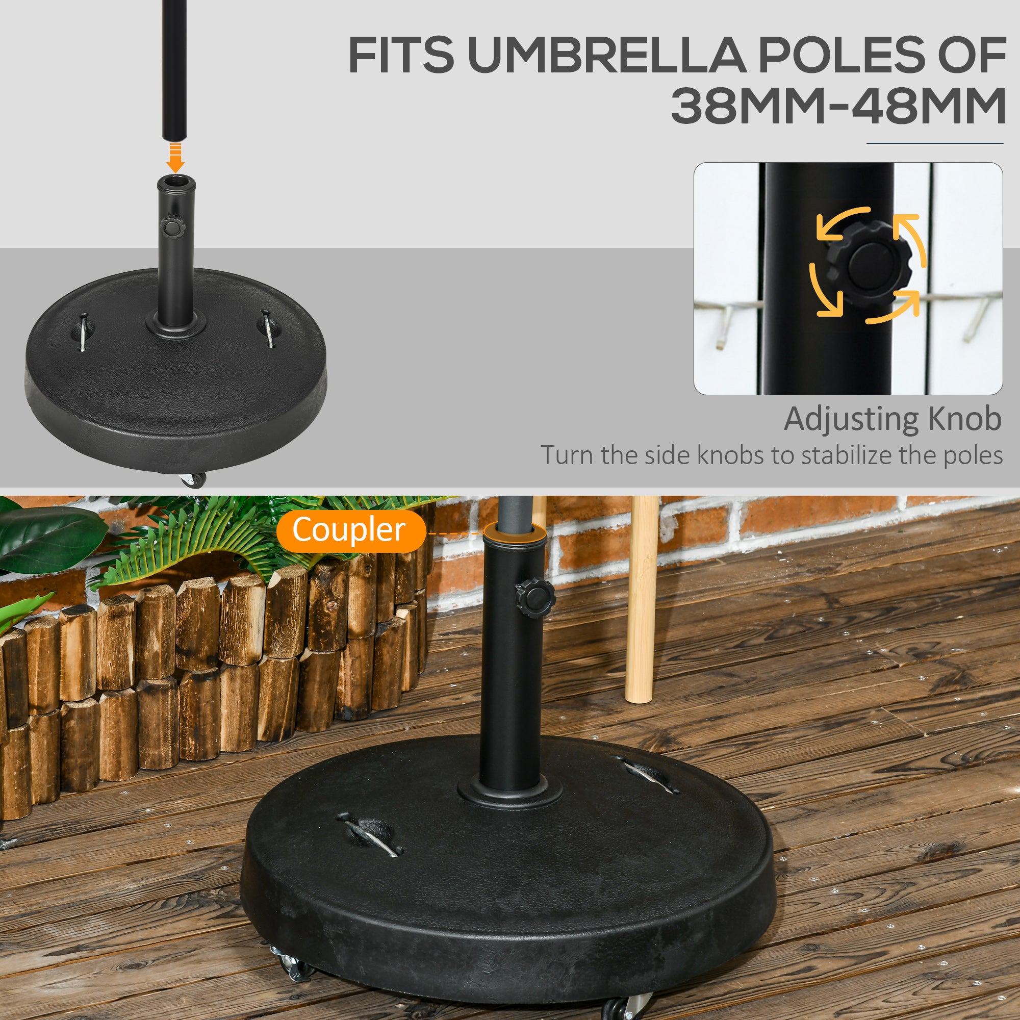 Outsunny 23.5kg Resin Garden Parasol Base with Wheels and Retractable Handles, Round Outdoor Market Umbrella Stand Weight for Poles of \'ce\'a638mm to \'ce\'a648mm, Black