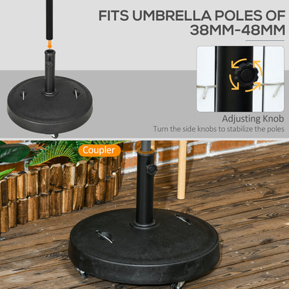 Outsunny 23.5kg Resin Garden Parasol Base with Wheels and Retractable Handles, Round Outdoor Market Umbrella Stand Weight for Poles of \'ce\'a638mm to \'ce\'a648mm, Black