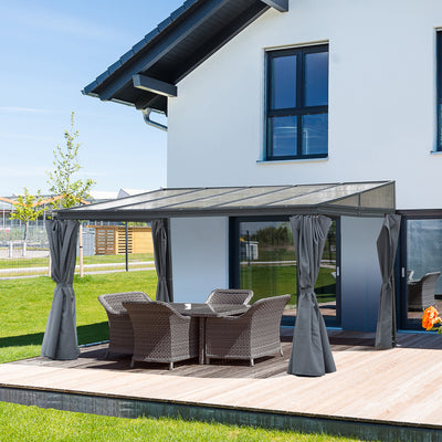 Outsunny 4 x 3(m) Outdoor Hardtop Gazebo with Curtains, Lean to Aluminium Pergola with Polycarbonate Roof, Garden Pavilion Sun Shade Shelter, Grey 
