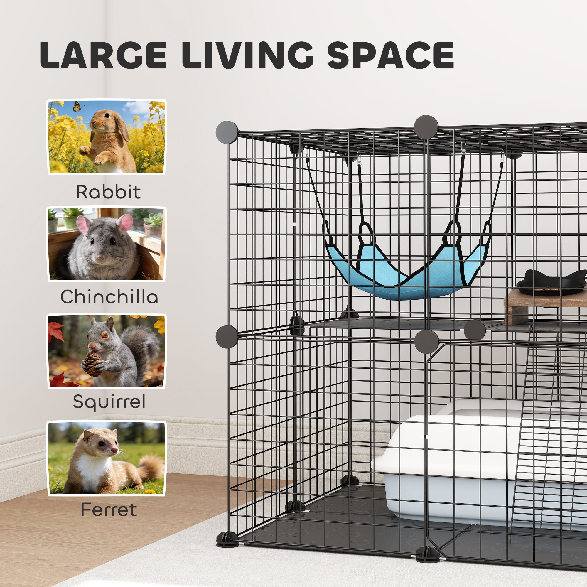 PawHut Indoor Cat Cage DIY Customizable 2-Tier Indoor Cat Enclosure with 2 Doors and Hammock 70 cm Black 
