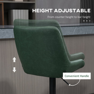 HOMCOM Retro Bar Stools Set of 2, Adjustable Kitchen Stool, Upholstered Bar Chairs with Back, Swivel Seat, Green 