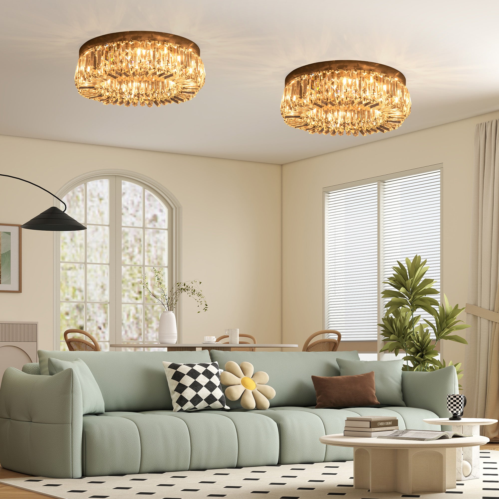HOMCOM Crystal Ceiling Lights Set of 2, Modern Flush Chandeliers with Stainless Steel Base, Pendant Lights for Living Room Bedroom Dining Room, Silver Tone 