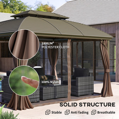 Outsunny 3.65 x 3(m) Hardtop Steel Gazebo Canopy with Aluminium Frame, Double Roof, Net Sidewalls and Curtains, Coffee 