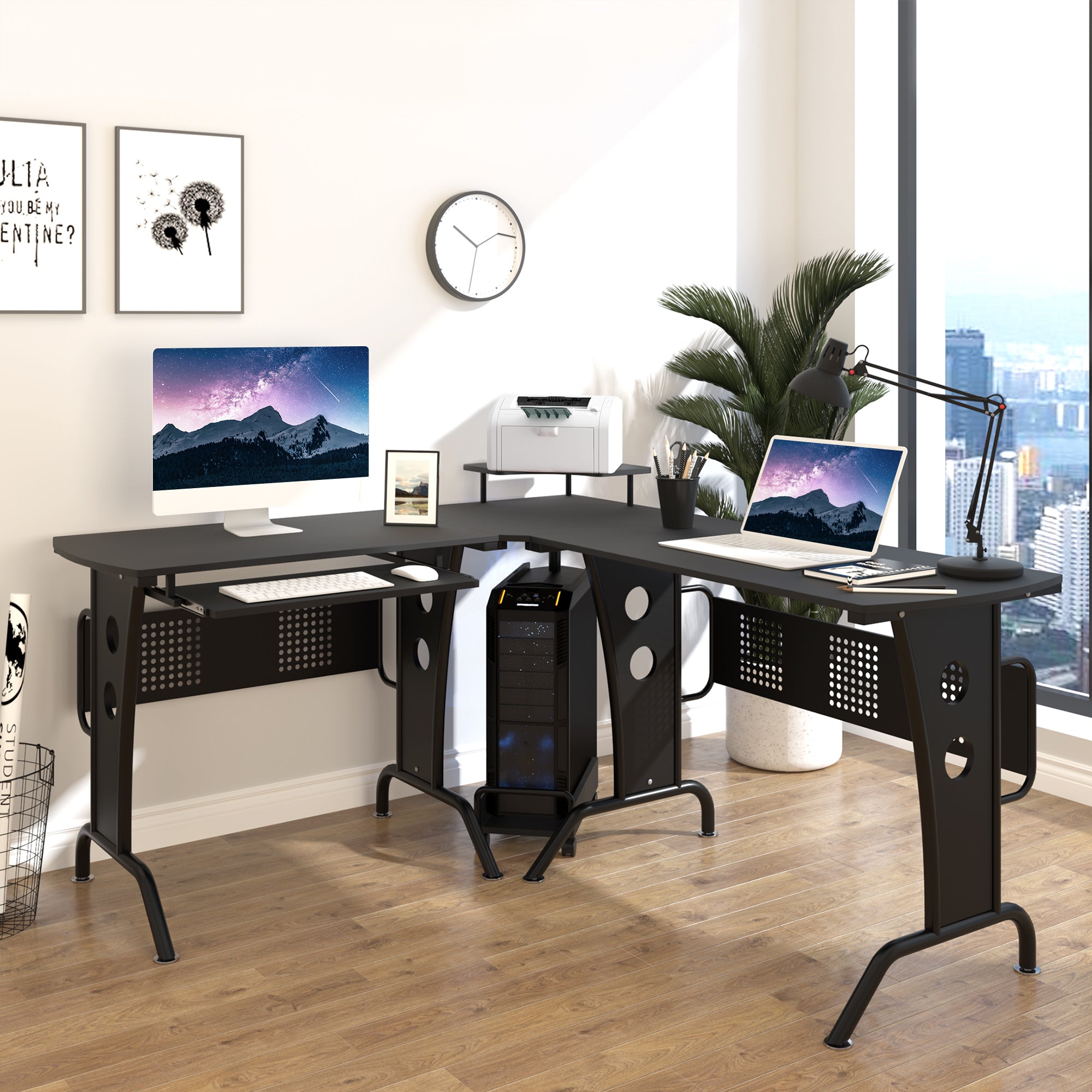 HOMCOM L-Shaped Corner Desk, Gaming Desk with CPU Rack, Keyboard Tray, Space-Saving Computer Desk with Steel Frame for Home Office,165 x 145 x 86.5cm, Black 