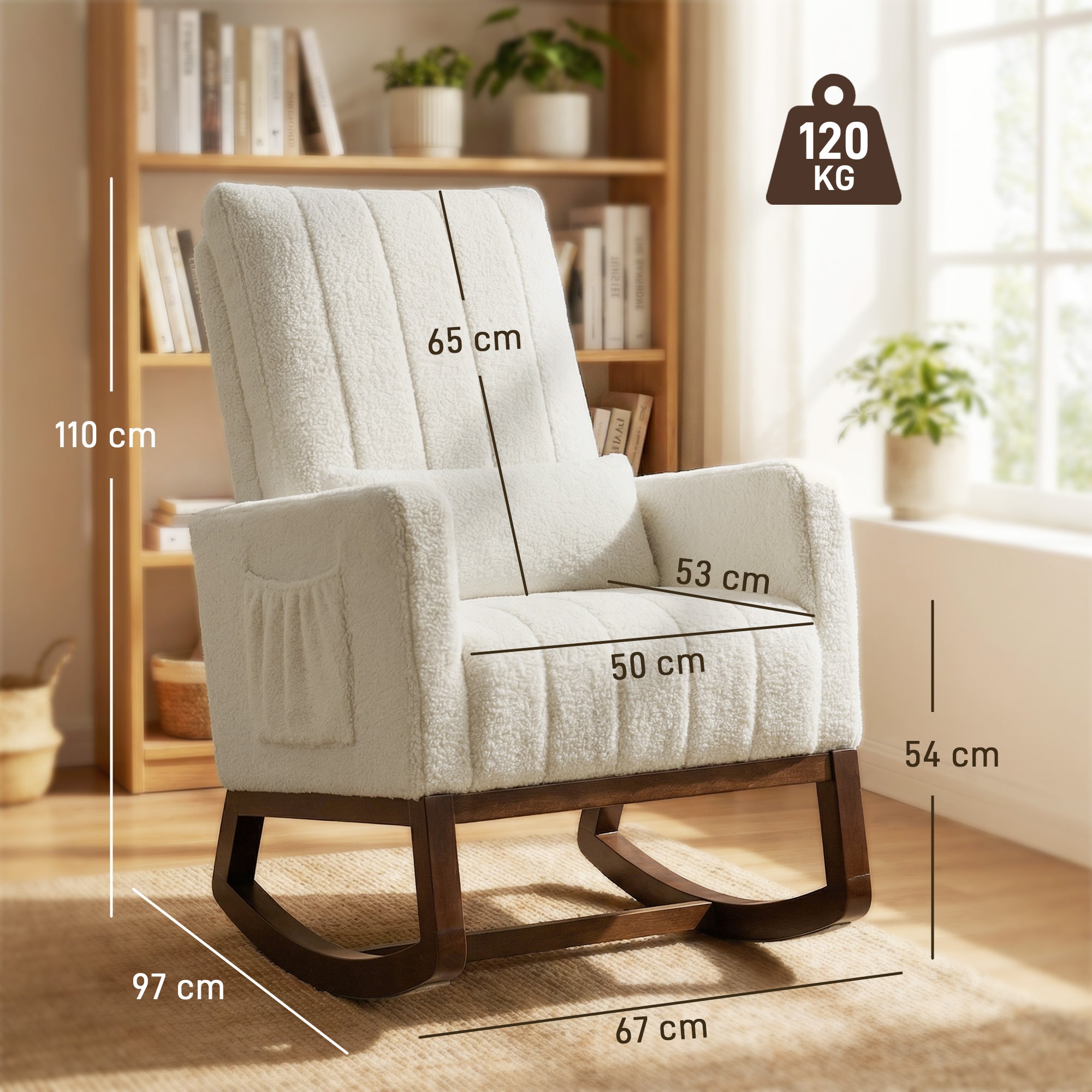 HOMCOM Rocking Chair for Adults, Lounge Rocker Chair with Lumbar Pillow, High Back, Wood Base, Side Pockets, Cream White 