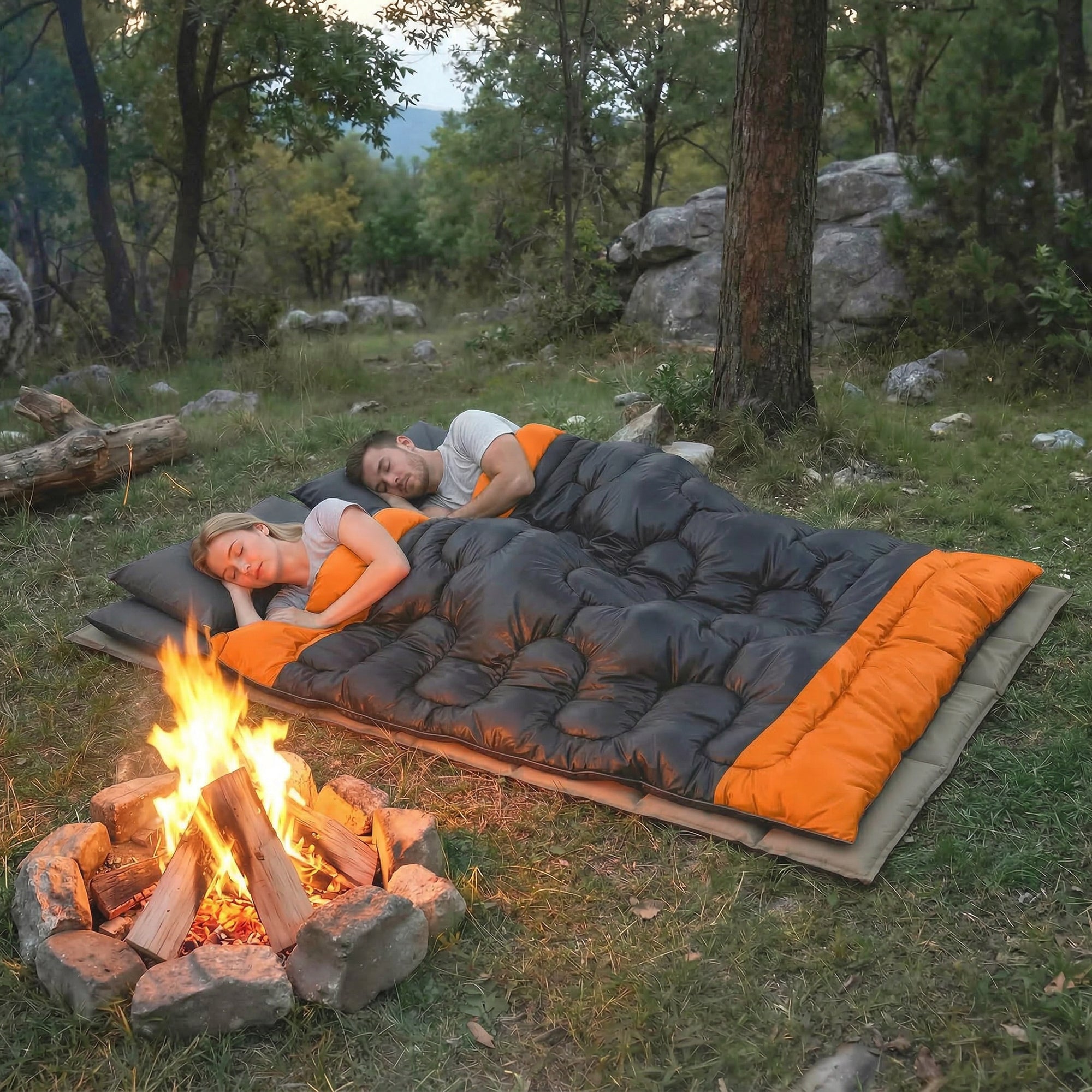 Outsunny Double Sleeping Bag with 2 Pillows, 220 x 160 cm Extra-Large Sleeping Bag for Adults, Grey and Orange 