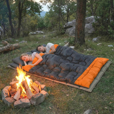 Outsunny Double Sleeping Bag with 2 Pillows, 220 x 160 cm Extra-Large Sleeping Bag for Adults, Grey and Orange 