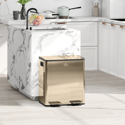 HOMCOM 40L Dual Compartment Stainless Steel Bin, with Deodoriser Holders - Gold Tone 