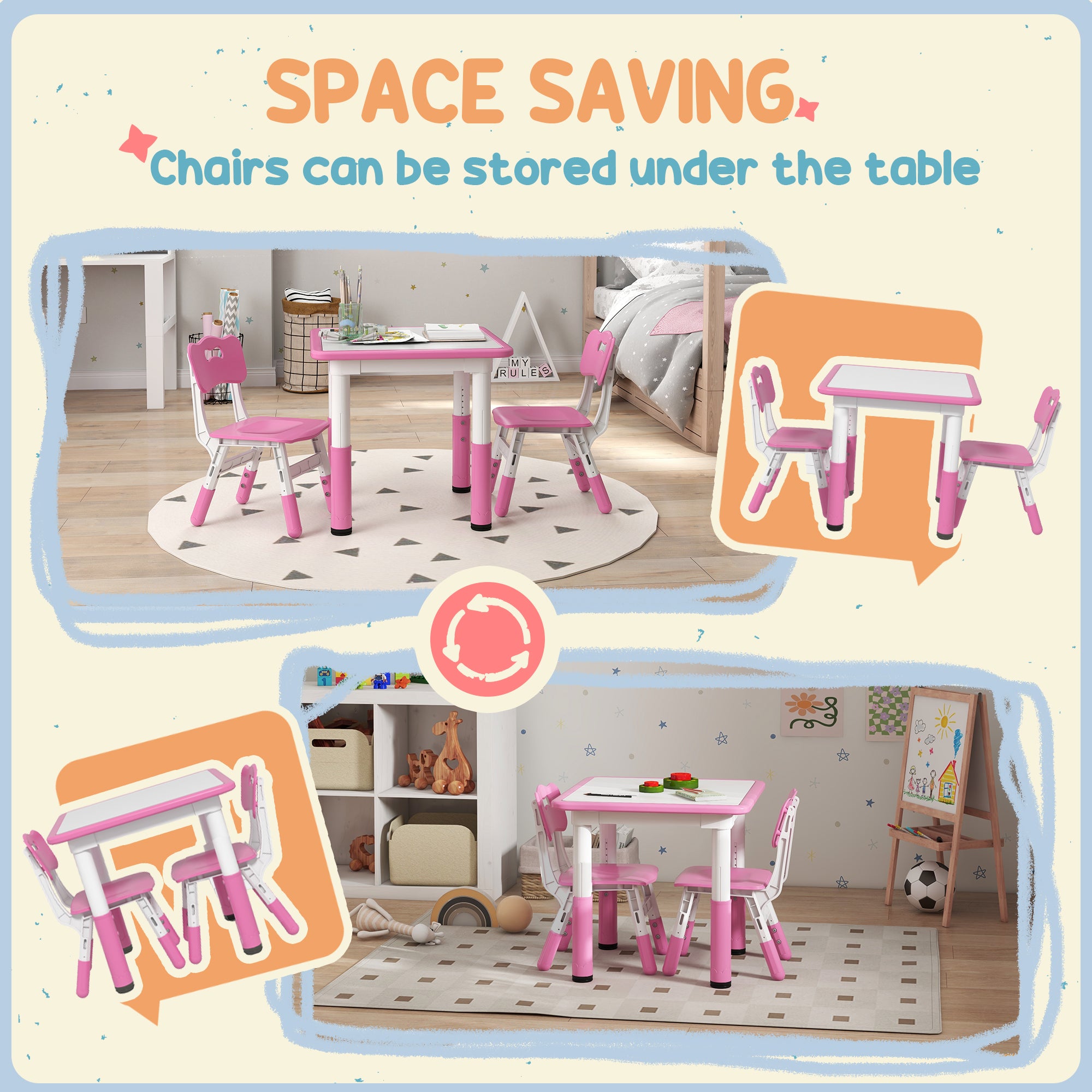 AIYAPLAY Height Adjustable Toddler Table and Chair Set, 3 Pcs Children Activity Table w/ 2 Chairs, for Playroom, Bedroom - Pink 
