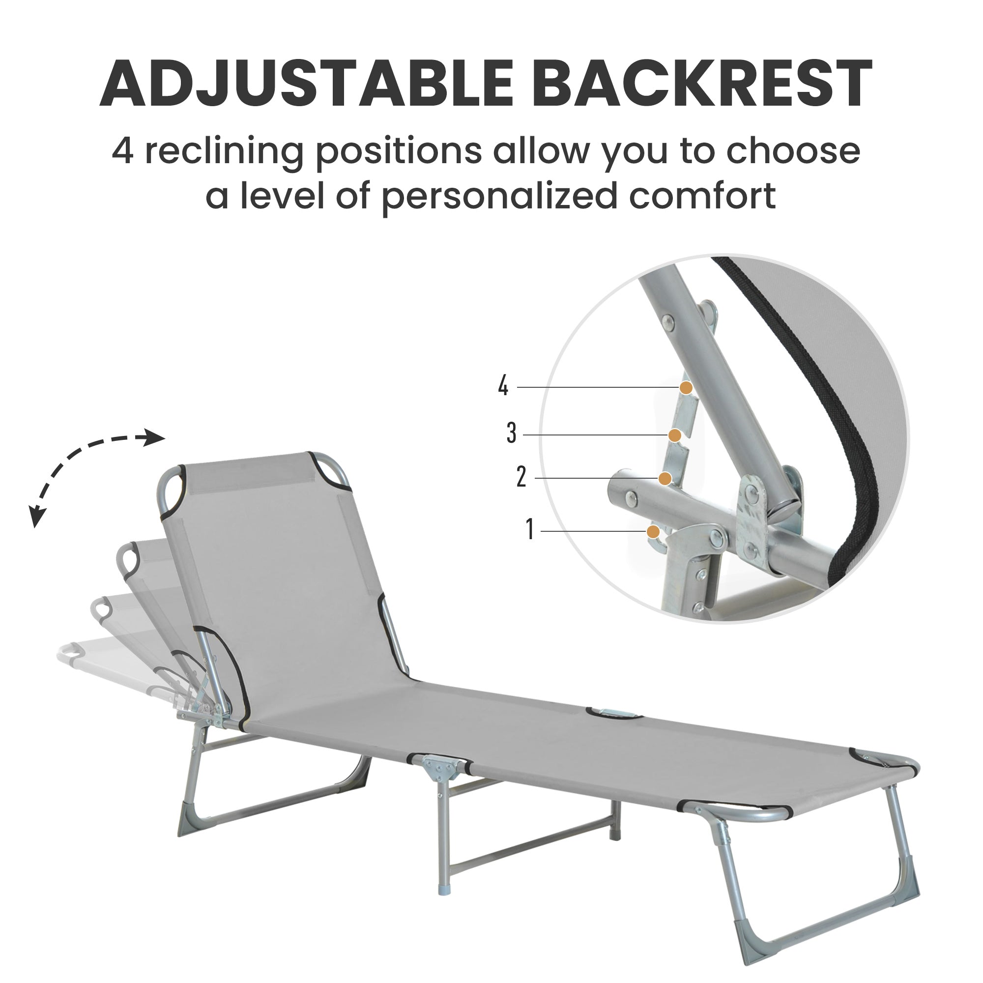 Outsunny Reclining Sun Lounger Chair Folding Camping Bed with 4-Position Adjustable Backrest, Grey 