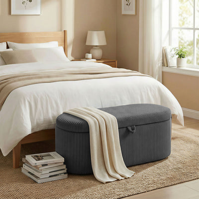 HOMCOM Storage Ottoman, Corduroy Upholstered Ottoman Storage Box with Padded Seat, 105 x 51 x 49 cm, Dark Grey 