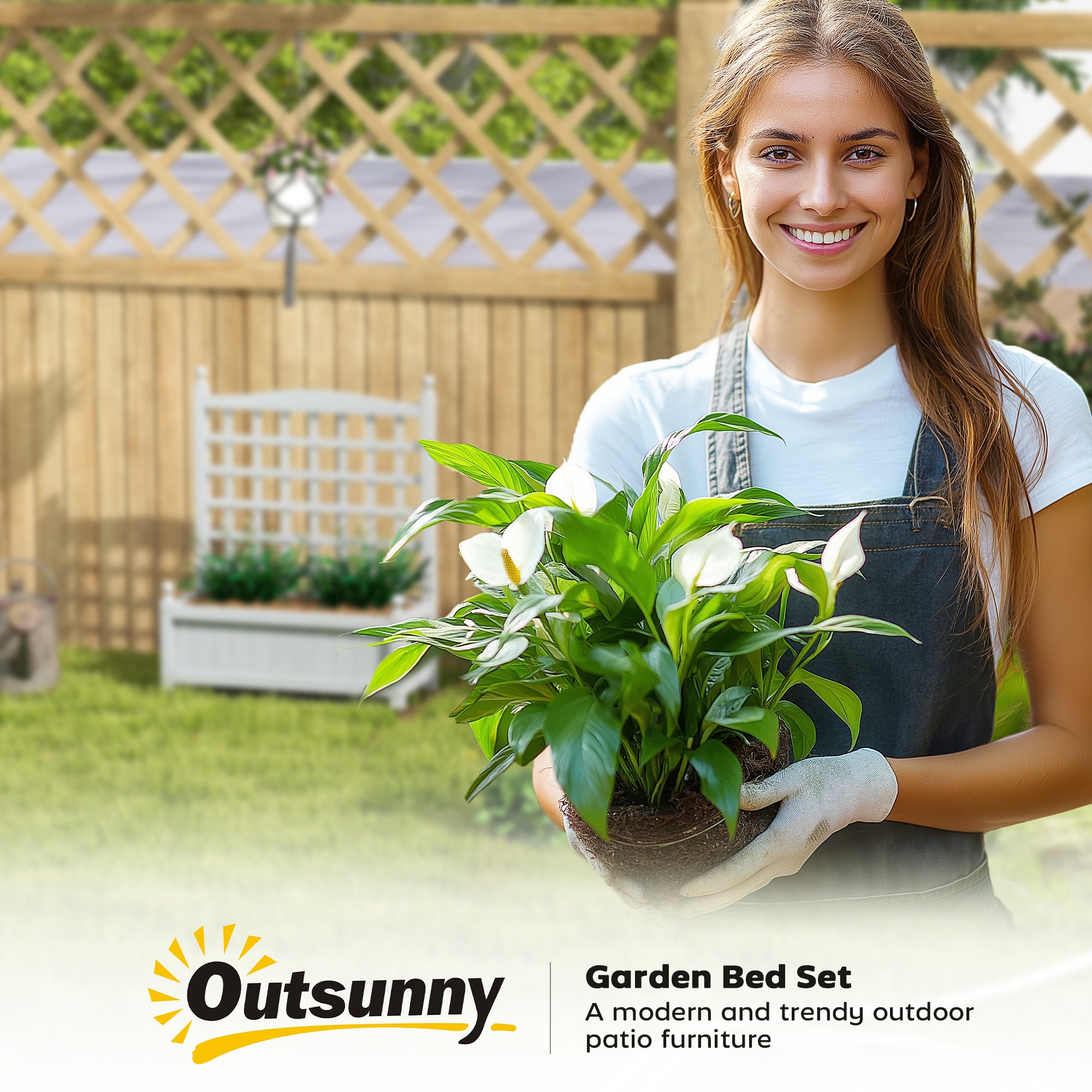 Outsunny Garden Planters with Trellis for Climbing Vines, Wood Raised Beds for Garden, Flower Pot, Indoor Outdoor, Grey 