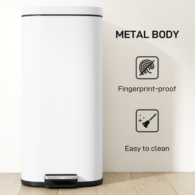 HOMCOM 30L Kitchen Bin, Compact Pedal Bin with Soft-Close and Stay-Open Lid, Removable Bucket for Kitchen, Home, Office, White 