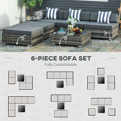 Outsunny 6 PC Rattan Sofa Coffee Table Set Sectional Wicker Weave Furniture for Garden Outdoor Conservatory w/ Pillow Cushion Grey 