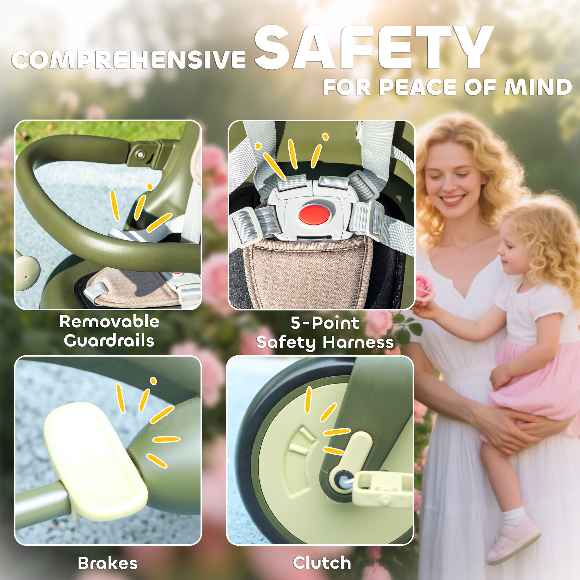 AIYAPLAY 5 in 1 Kids Trike with Adjustable Backrest, Toddler Tricycle with Push Handlebar, Adjustable Backrest, Dark Green