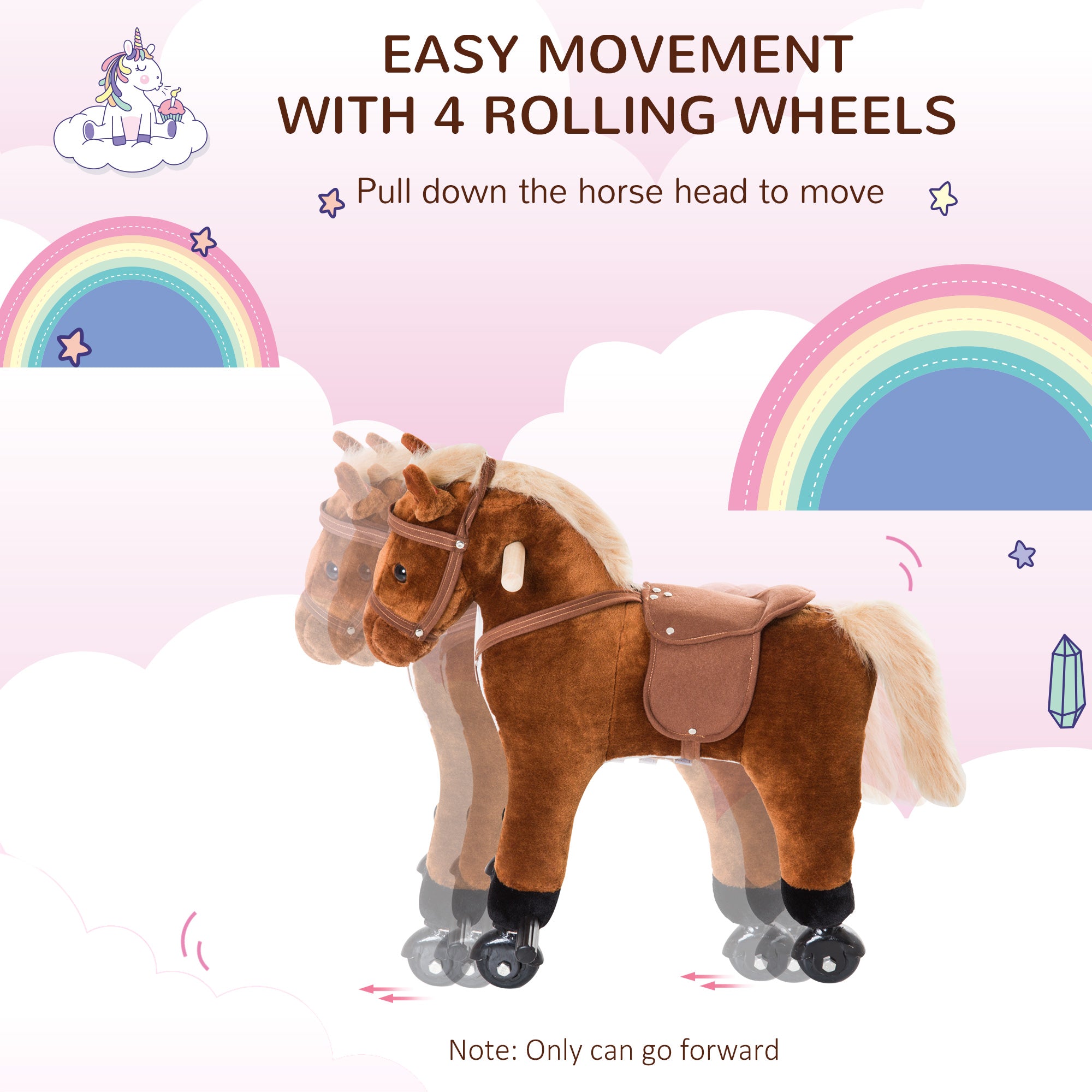 HOMCOM Rocking Horse Kids Ride on Walking Horse Animal Pony Wheeled Riding Plush Toy w/Sound for 3 Years and Up (Brown) 