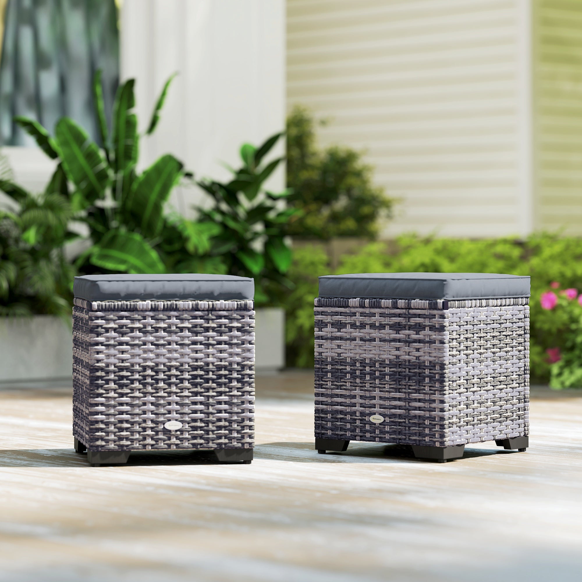 Outsunny Set of 2 Rattan Storage Ottoman, Outdoor Footstool with Removable Cushions, Garden Storage Seat for Balcony, Poolside, Living Room, Dark Grey 