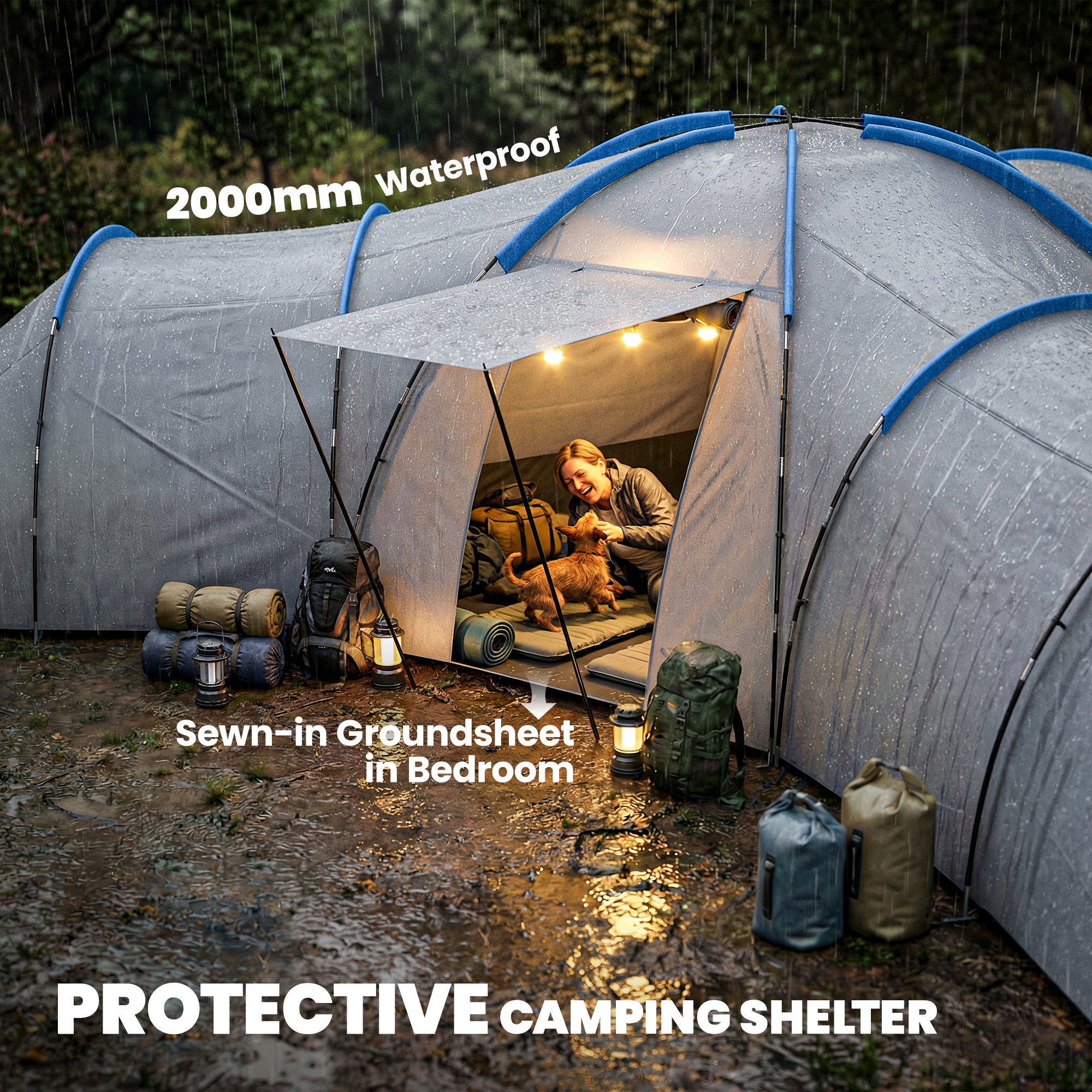 Outsunny 6-9 Man Large Tunnel Tent with 3 Bedrooms, Living Area and Porch, Stand-up Camping Tent, Portable with Bag, Light Grey 
