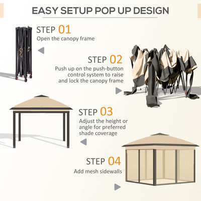 Outsunny 3.3 x 3.3m Pop Up Gazebo, Double Roof Foldable Canopy Tent with Zipped Mesh Sidewalls, Height Adjustable and Carrying Bag, Event Tent for Patio Garden, Beige 