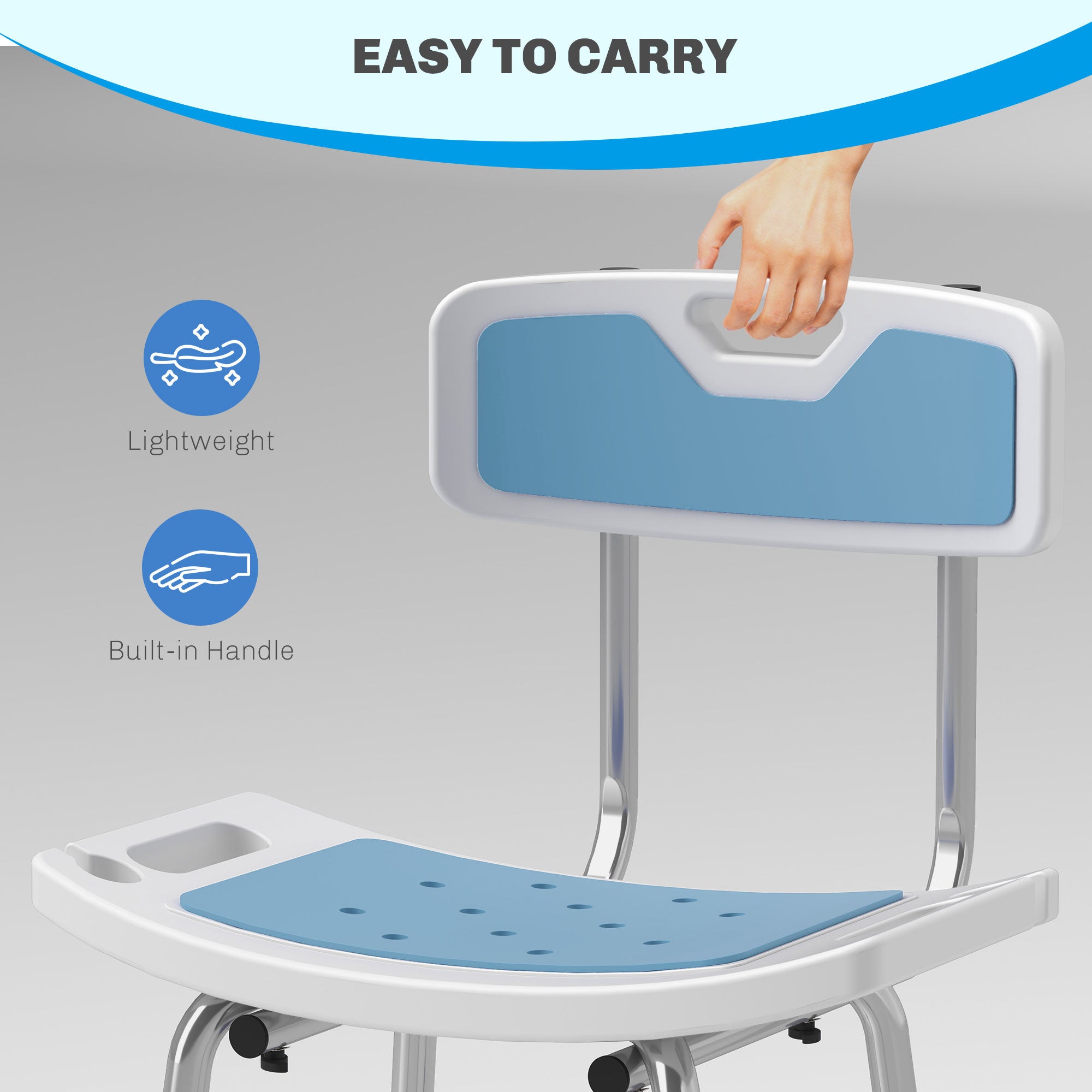 HOMCOM Shower Stool with Backrest, Height Adjustable Shower Chair with Anti-slip Foot Pads, Shower Head Holder, Light Blue 