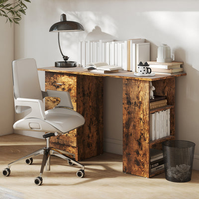 HOMCOM Computer Desk, Writing Table, PC Workstation with 3 Storage Shelves and Drawers, Silver Handle, for Home Office, Rustic Brown 