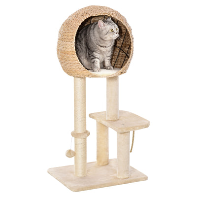 PawHut Cat Tree for Indoor Cats 100cm Kitten Climbing Tower Activity Center with Sisal Scratching Post Condo Perch Hanging Balls Teasing Rope Toy Cushion 
