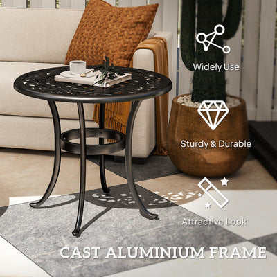 Outsunny 60cm Round Garden Table, Outdoor Hollow Top Design Side Table with Cast Aluminium Frame for Patio, Garden, Balcony, Black 