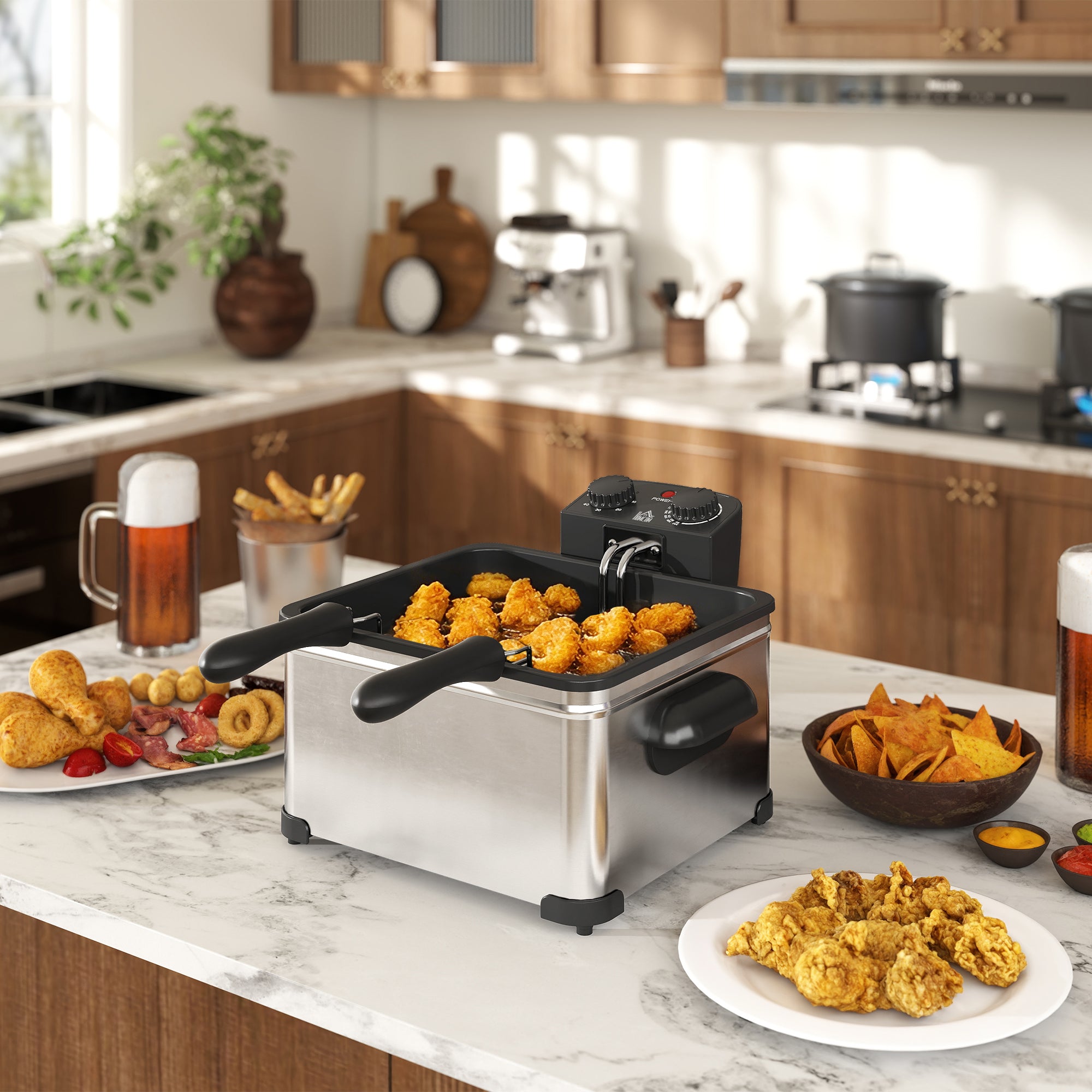 HOMCOM 5 Litre Deep Fat Fryer with Adjustable Temperature & Timer, 2000W Stainless Steel Deep Fryer with Removable Oil Basket and Viewing Window, for Chips Fried Chicken