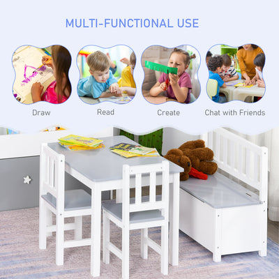 HOMCOM 4-Piece Kids Table and Chair Set with 2 Wooden Chairs, 1 Storage Bench, and Interesting Modern Design, Grey/White 