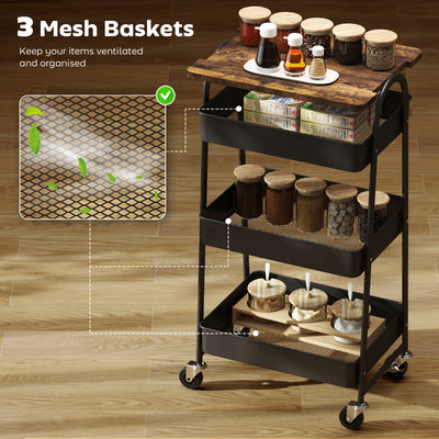 HOMCOM 3-Tier Kitchen Storage Trolley with on Wheels Cover Top Board - Rustic Brown and Black 