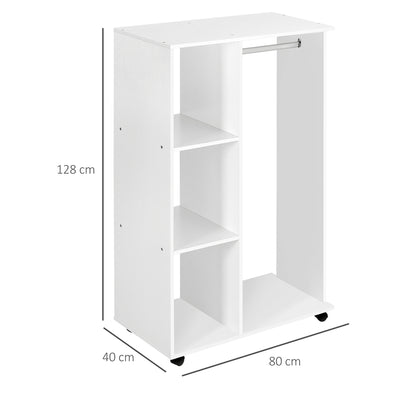 HOMCOM Open Wardrobe on Wheels, Bedroom Wardrobe with Clothes Hanging Rail, 3 Storage Shelves, Mobile Garment Rack for Cloakroom, Hallway, White 