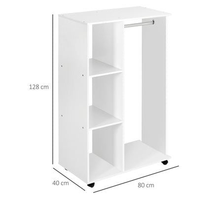 HOMCOM Open Wardrobe on Wheels, Bedroom Wardrobe with Clothes Hanging Rail, 3 Storage Shelves, Mobile Garment Rack for Cloakroom, Hallway, White 